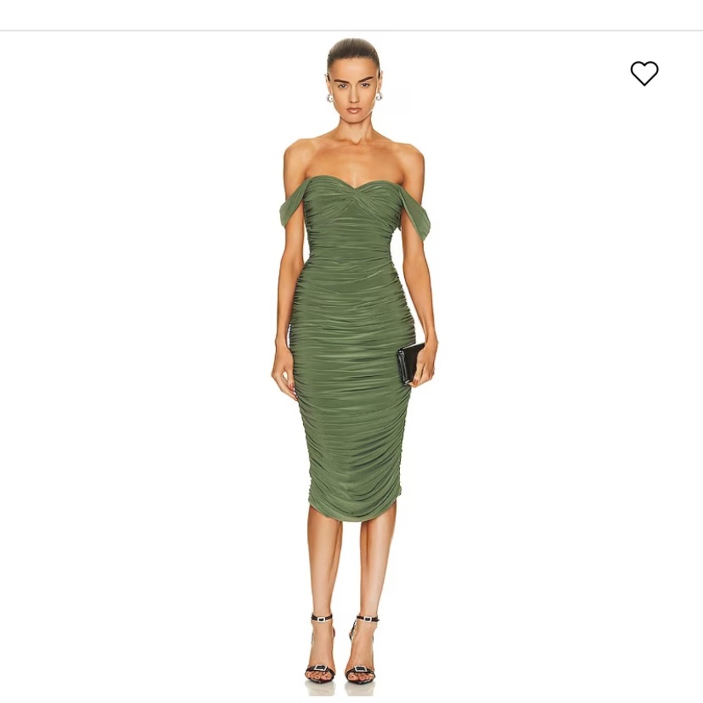 Norma Kamali Olive Green Off-Shoulder Ruched Midi Dress